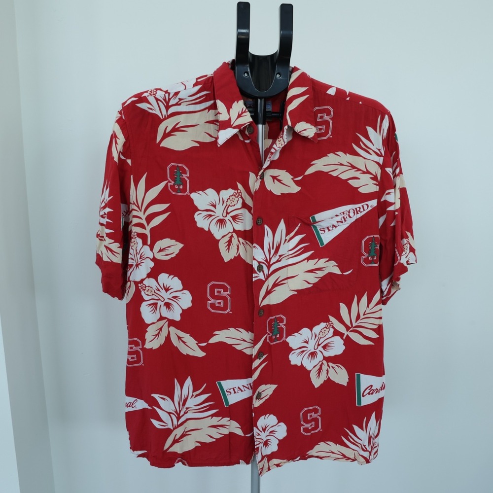 Reyn Spooner Stanford Hawaiian Shirt Mens Large Red Cardinals Spun Rayon Vintage